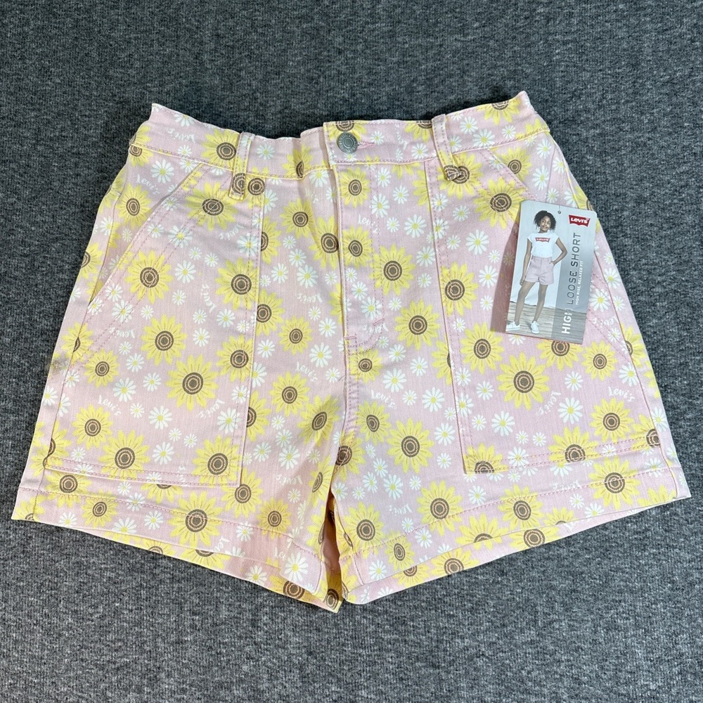 NWT Levis High Loose Shorts Girls Pink Floral Sunflower Jean Denim Size 16
